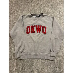VTG Campus Authentic OKWU Sweatshirt Mens Medium Grey Crewneck Chenille Patch *